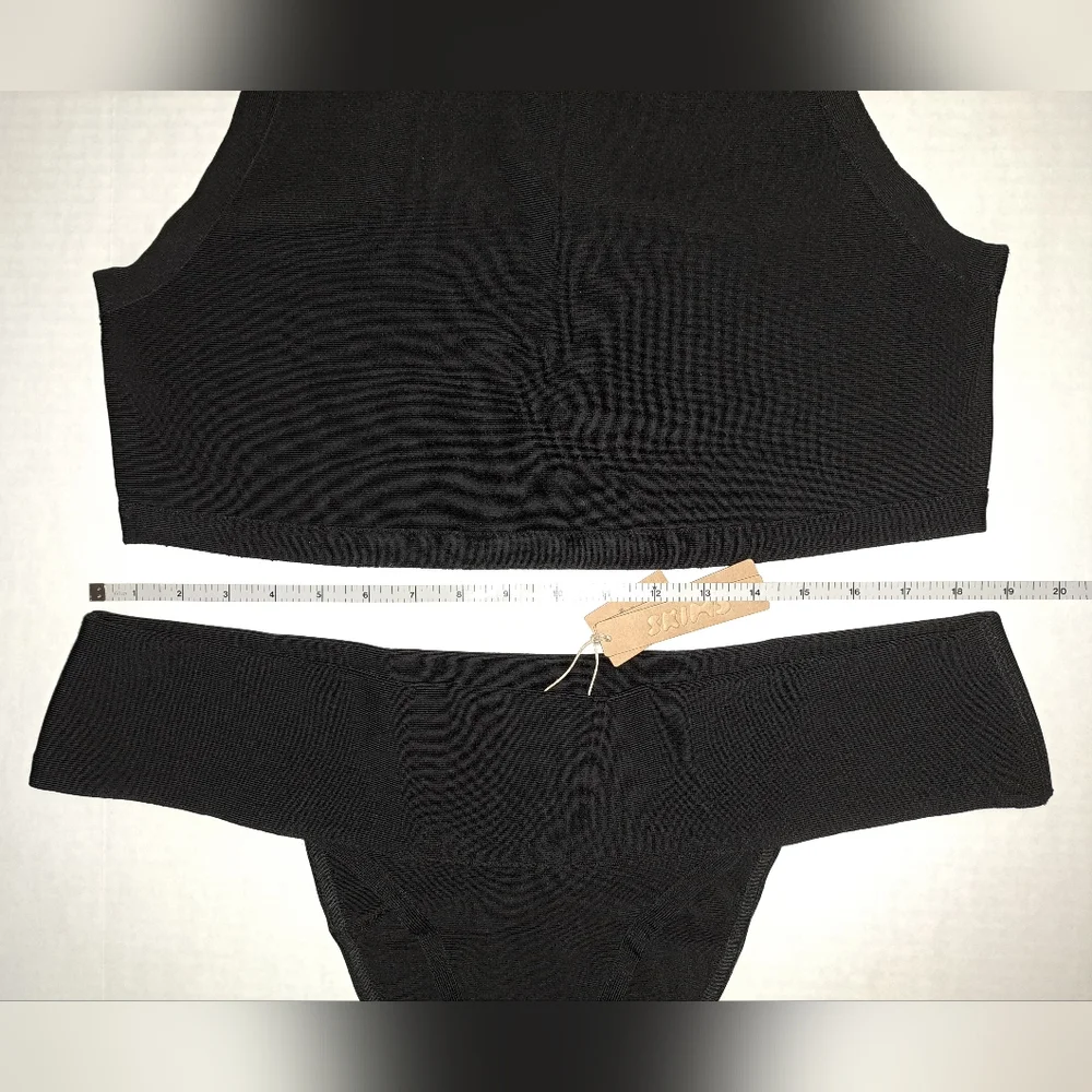 ❤️NWT SKIMS 2 Piece Knit swim high neck top & cheeky bikini Set Black ONYX 3X